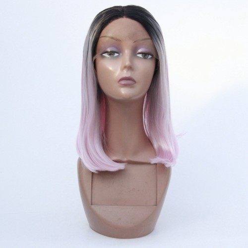 Powder Pink with Dark Roots Bob Straight Lace Front Synthetic Wig LF465