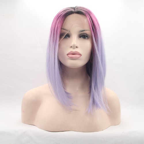 Rose Pink Light Purple Ombre Straight Bob Lace Front Synthetic Wigs LF654