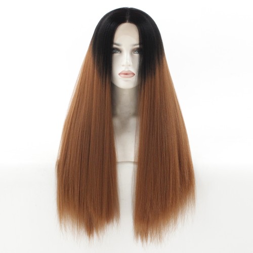 Black Golden Brown Ombre Kinky Straight Lace Front Synthetic Wigs LF574
