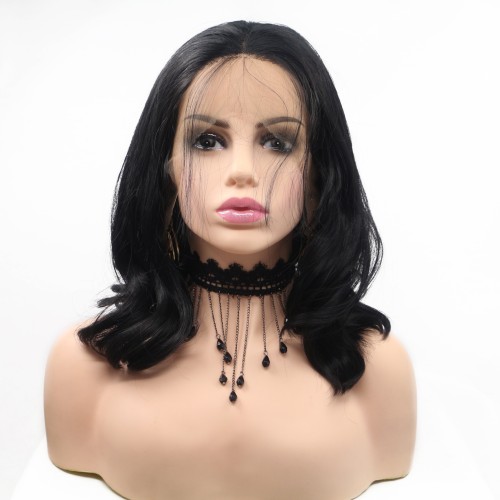 Black Puff Wavy Bob Lace Front Synthetic Wigs LF640