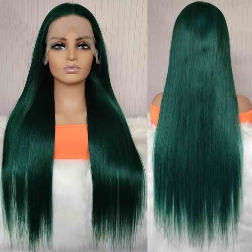 24" Dark Green Long Straight Lace Front Remy Natural Hair Wig NH290