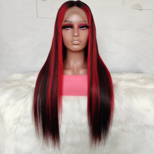 22" Black Mixed Red Straight Lace Front Remy Natural Hair Wig NH311