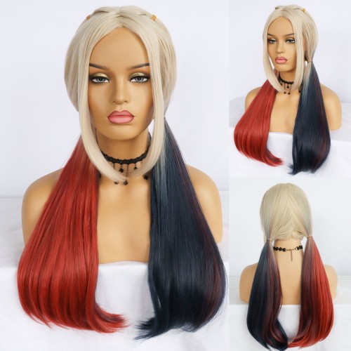 Suicide Squad 2 Harley Quinn Blonde Red Blue Ombre Synthetic Cos Wig CW340
