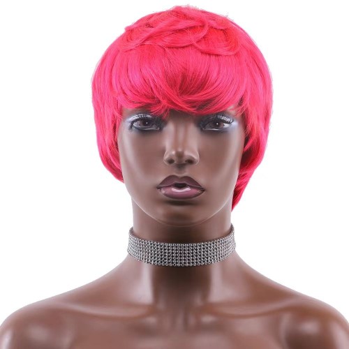 Rose Pink Short Straight Human Hair Pixie Wigs NH1130