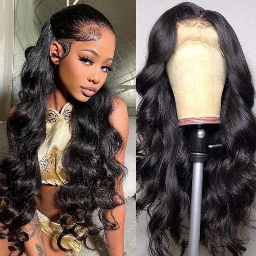 24" Black Closure Body Wave 4*4 Lace Front Remy Natural Hair Wig NH268