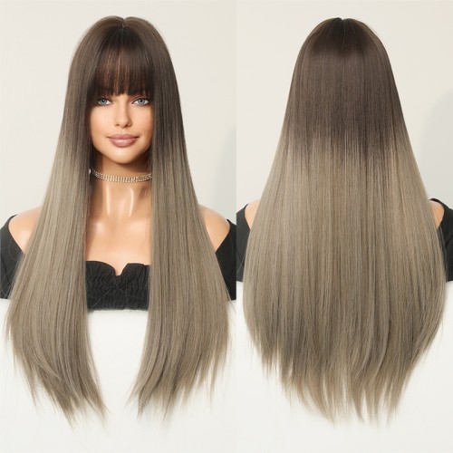 Gradient Grey  Long Straight Synthetic Wig RW123
