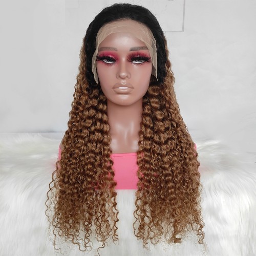 20" Deep Curly Brown With Dark Roots Lace Front Remy Natural Hair Wig NH312