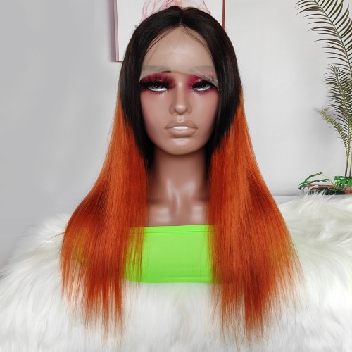 20" Long Straight Orange Black Ombre Lace Front Remy Natural Hair Wig NH314