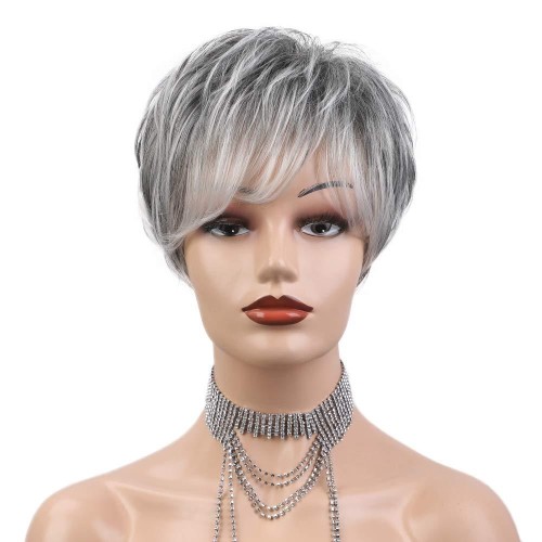 Grey White With Dark Roots Short Synthetic Pixie Wig RW102