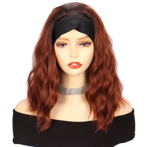 Brownish Red With Dark Roots Mid-Length Wavy Synthetic Headband Wigs HW934