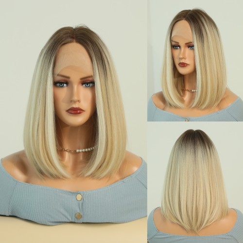 Two Tone Brown With Dark Roots Straight Lace Front Synthetic Bob Wig LF114