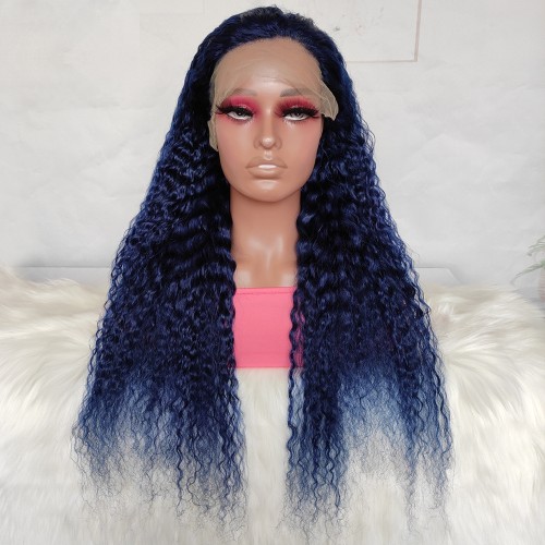 22" Dark Blue Curly Lace Front Remy Natural Hair Wig NH309