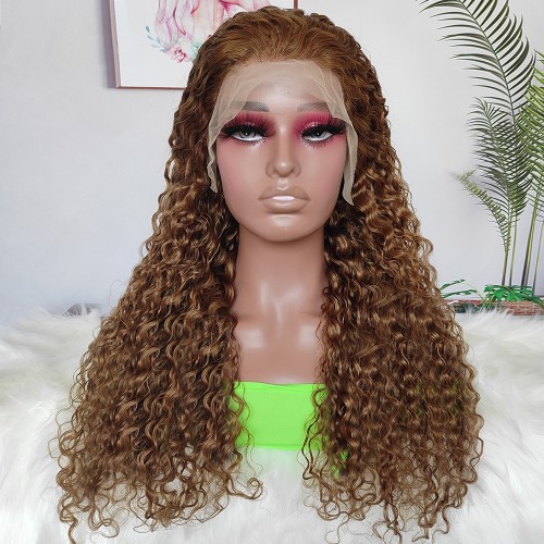 20" Light Chestnut Brown Water Wave Lace Front Remy Natural Hair Wig NH363