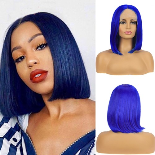 Blue Straight Bob  Lace Front Synthetic Wig LF058