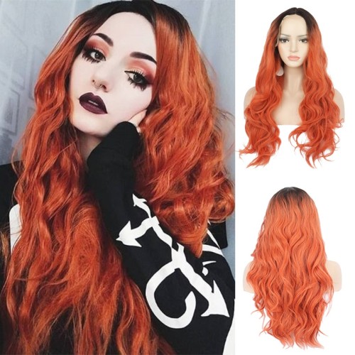 Orange With Dark Roots Lace Front Synthetic Wig LF061