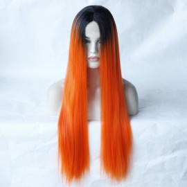 26" Long Straight Orange With Dark Roots Lace Front Synthetic Wig LF440