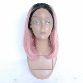 Light Pink with Dark Roots Bob Straight Lace Front Synthetic Wig LF466