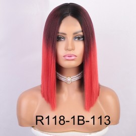 Black Purple Red Ombre Short Straight Lace Front Synthetic Wigs LF1199