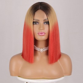 Brown Golden Red Ombre Short Straight Bob Synthetic Wigs LF1196