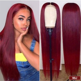18" Long Straight Wine Red Lace Front Remy Natural Hair Wig NH104