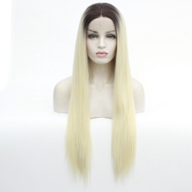 Blonde With Dark Brown Roots Long Straight Lace Front Synthetic Wig LF403