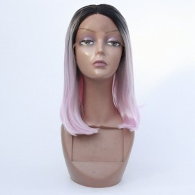 Powder Pink with Dark Roots Bob Straight Lace Front Synthetic Wig LF465