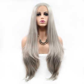 24" Silver Grey Straight Lace Front Synthetic Wigs LF620