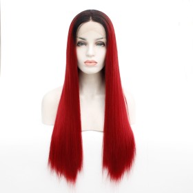 Long Straight Red With Dark Roots Lace Front Synthetic Wig LF441