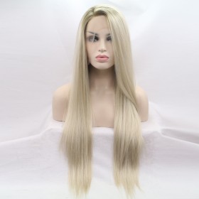 Two Tone Light Blonde Long Straight Lace Front Synthetic Wigs LF720