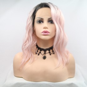 Pale Pink With Dark Roots Straight Bob Lace Front Synthetic Wigs LF647