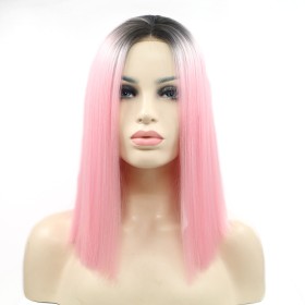 Bright Pink With Dark Roots Straight Bob Lace Front Synthetic Wigs LF633