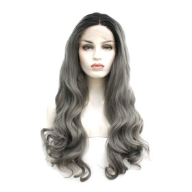 Two Tone Grey  With Dark Roots Body Wavy Lace Front Synthetic Wigs LF540