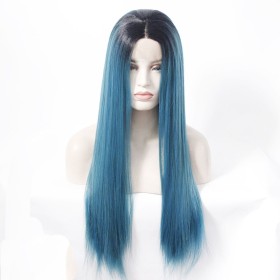 Lake Blue Dark Roots Straight Lace Front Synthetic Wig LF428