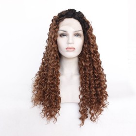  Deep Curly Brown With Dark Roots Lace Front Synthetic Wigs LF557