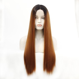 Long Straight Copper Brown With Dark Roots Lace Front Synthetic Wig LF430
