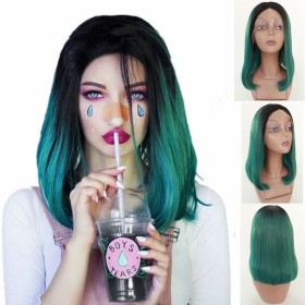 Dark Green with Dark Roots Straight Bob Lace Front Synthetic Wig LF457