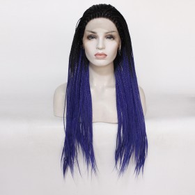 24" Fashion Pigtail Black Blue Ombre Lace Front Synthetic Braided Wig BW386