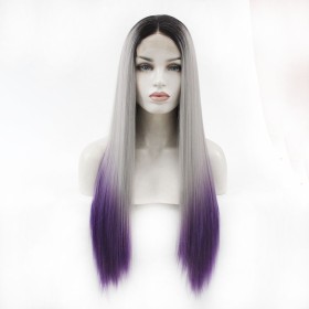 Grey Purple with Dark Roots Straight Lace Front Synthetic Wig LF419