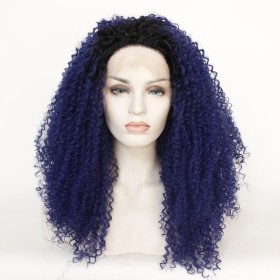 Dark Blue With Dark Roots Kinky Curly Lace Front Synthetic Wigs LF548