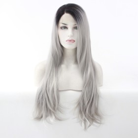 Granny Grey With Dark Roots Wavy Lace Front Synthetic Wig LF497