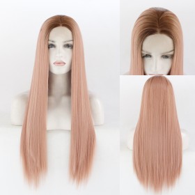 Fashion Pink with Dark Roots Straight Lace Front Synthetic Wig LF409