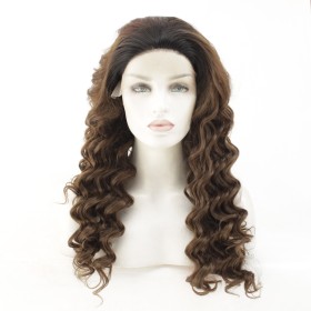 Brown With Dark Roots Deep Wavy Lace Front Synthetic Wig LF494