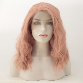 Powder Pink Short Wavy Lace Front Synthetic Wig LF495