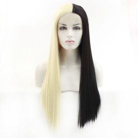 Long Straight Blonde Black Split Color Lace Front Synthetic Wig LF404