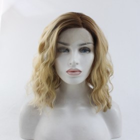 Two Tone Blonde With Brown Roots Short Wavy Lace Front Synthetic Wig LF491