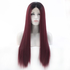 Aubergine With Dark Roots Straight Lace Front Synthetic Wig LF435