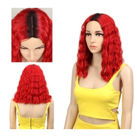 Red With Dark Roots Curly Lace Front Synthetic Wig LF251