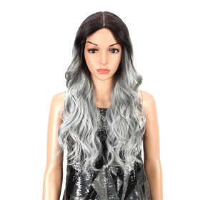 Silver Grey With Dark Roots Wavy Lace Front Synthetic Wigs LF240