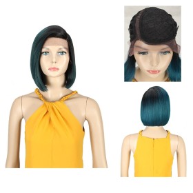 Ash Green With Dark Roots Straight Bob Lace Front Synthetic Wig LF248