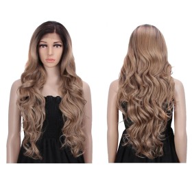 Two Tone Brown with Dark Roots Wavy Lace Front Synthetic Wigs LF186